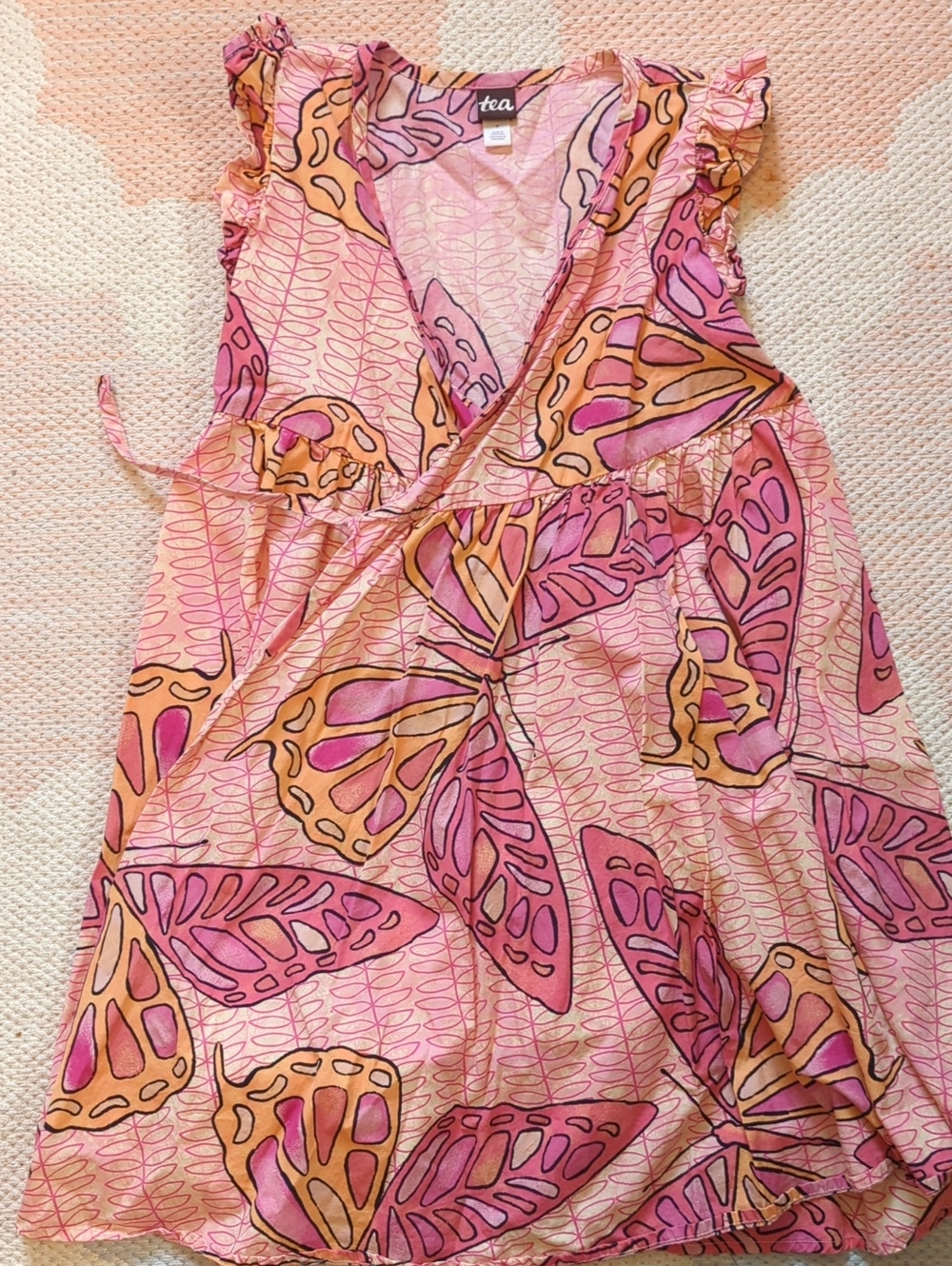 Tea Collection Pink and Orange Butterfly Wrap Dress